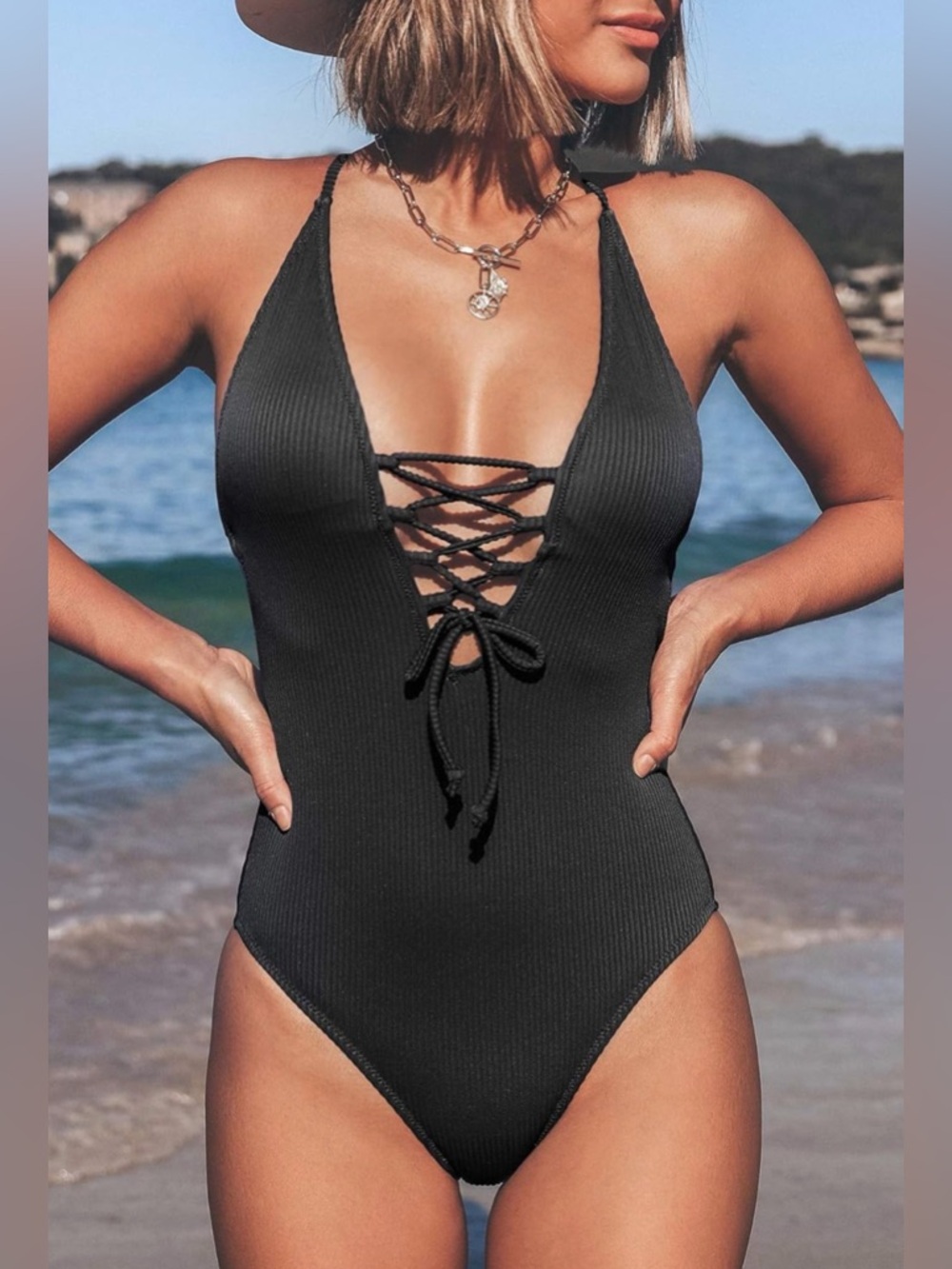NWT‎ Women's V Neck Lace Up One Piece Swimsuit SIZE LARGE